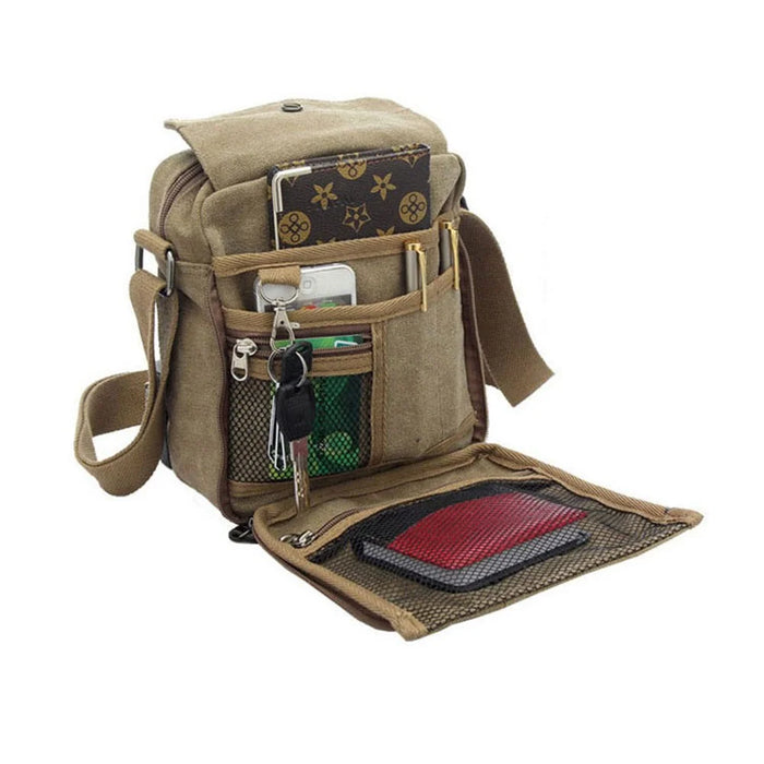 Stylish Men Canvas Messenger Bag Multi-pocket Single Shoulder Crossbody Bag - Khaki - 5