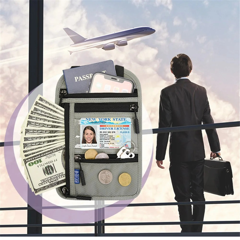 JUNLETU RFID Blocking Travel Passport Bag Credit Cards Tickets Storage Nylon Crossbody Neck Hanging Bag - Light Grey - 2