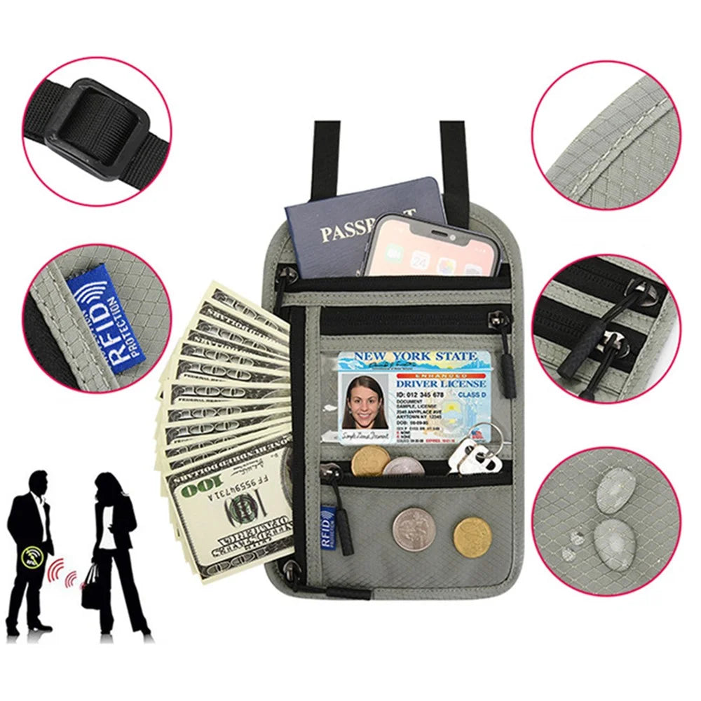 JUNLETU RFID Blocking Travel Passport Bag Credit Cards Tickets Storage Nylon Crossbody Neck Hanging Bag - Light Grey - 3