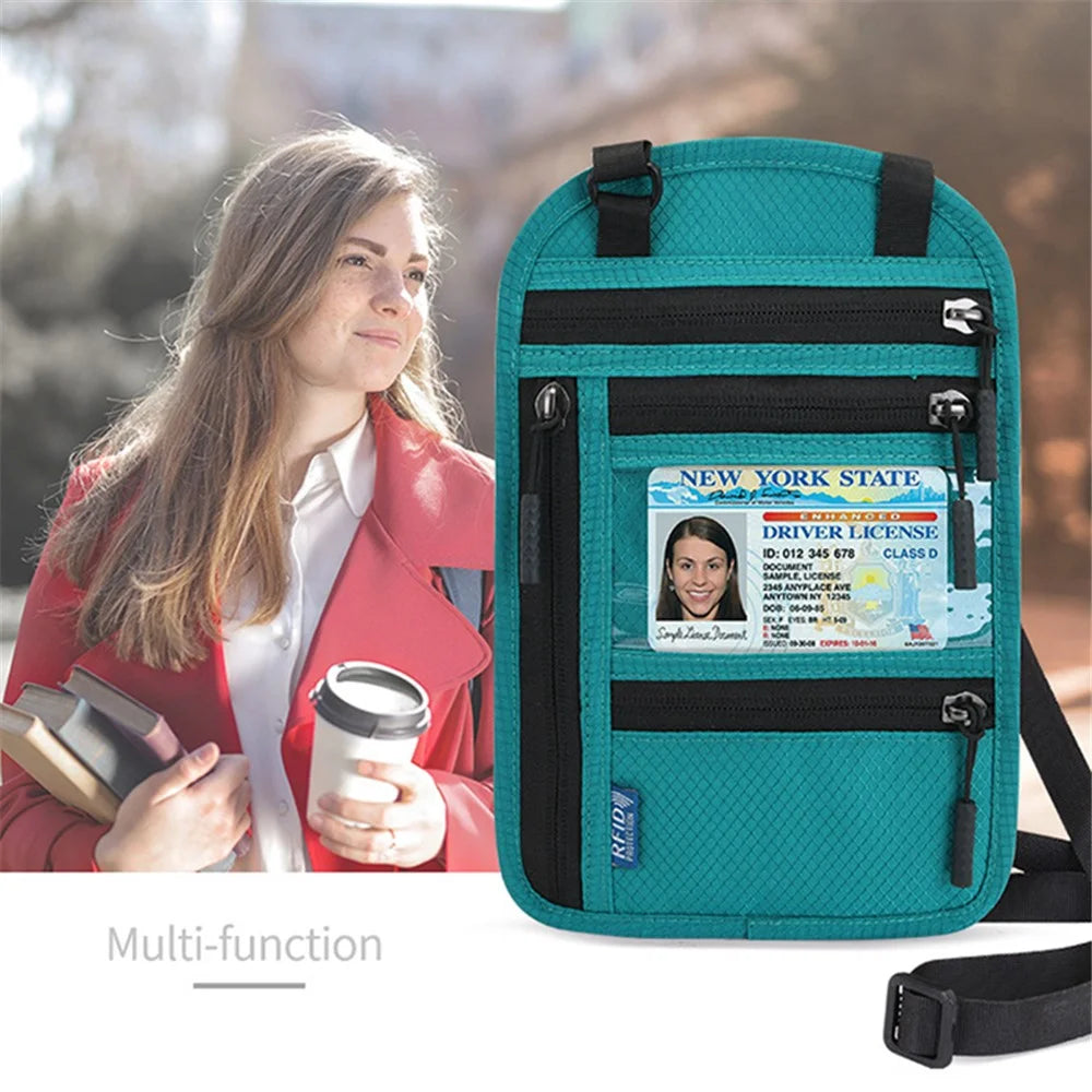 JUNLETU RFID Blocking Travel Passport Bag Credit Cards Tickets Storage Nylon Crossbody Neck Hanging Bag - Light Grey - 4