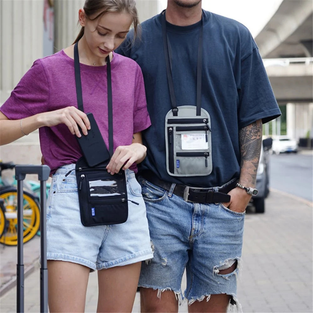 JUNLETU RFID Blocking Travel Passport Bag Credit Cards Tickets Storage Nylon Crossbody Neck Hanging Bag - Light Grey - 5