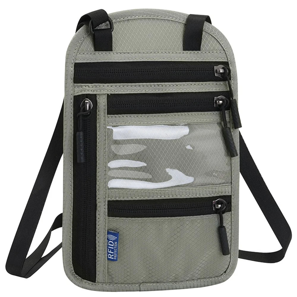 JUNLETU RFID Blocking Travel Passport Bag Credit Cards Tickets Storage Nylon Crossbody Neck Hanging Bag - Light Grey - 7