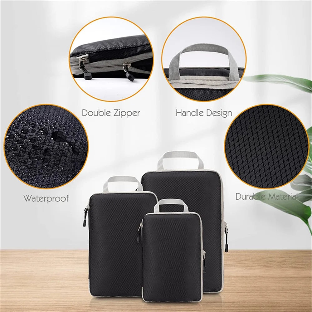 3Pcs / Set Travel Packing Cubes Organizers Pouches 3 Sizes Nylon Toiletry Bags Kit for Women, Men - Black - 2