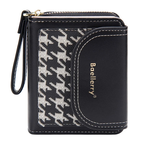BAELLERRY N1896 PU Leather Short Wallet Houndstooth Pattern Women's Zipper Coin Purse Card Holder - Black - 1