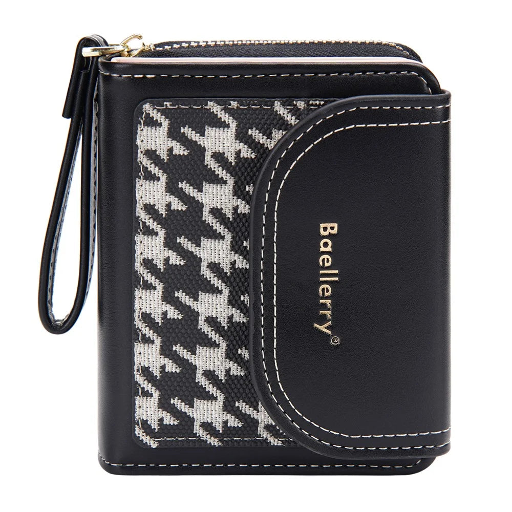 BAELLERRY N1896 PU Leather Short Wallet Houndstooth Pattern Women's Zipper Coin Purse Card Holder - Black - 1