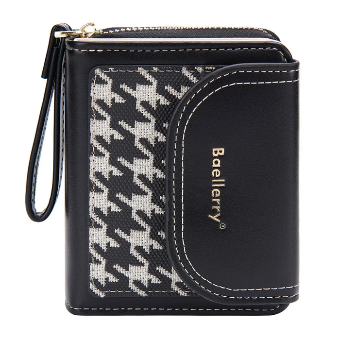 BAELLERRY N1896 PU Leather Short Wallet Houndstooth Pattern Women's Zipper Coin Purse Card Holder - Black - 1