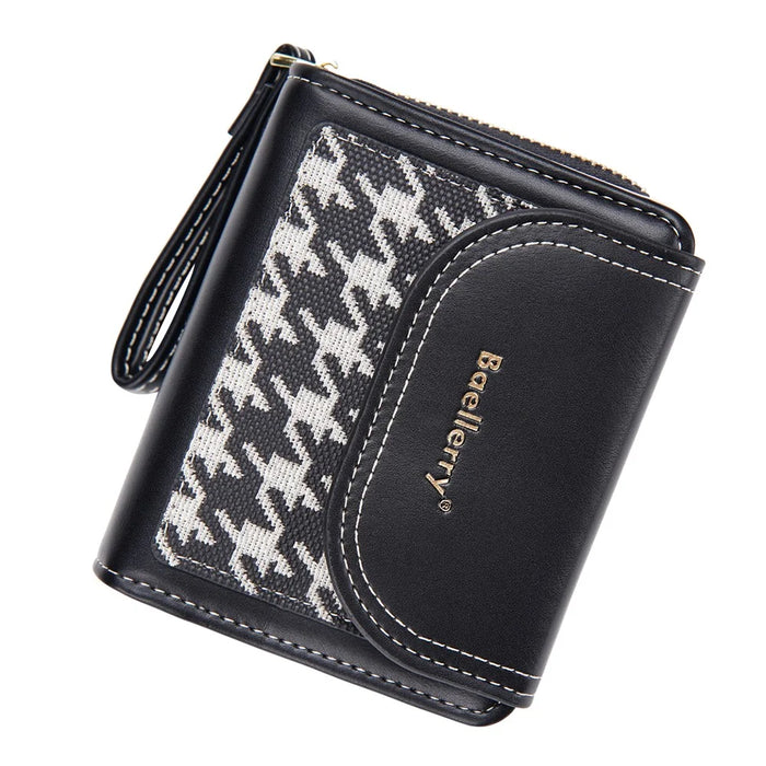 BAELLERRY N1896 PU Leather Short Wallet Houndstooth Pattern Women's Zipper Coin Purse Card Holder - Black - 5