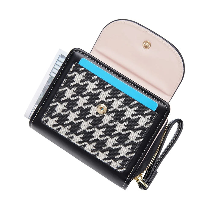 BAELLERRY N1896 PU Leather Short Wallet Houndstooth Pattern Women's Zipper Coin Purse Card Holder - Black - 7