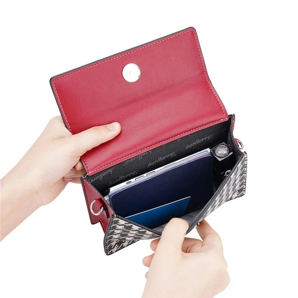 BAELLERRY N8703 Women PU Leather Bag Houndstooth Pattern Small Square Bag Crossbody Shoulder Bag - Red - 7