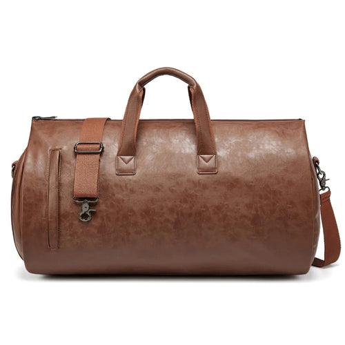 PU Leather Men Suit Storage Bag Large Capacity Waterproof Travel Luggage Tote Crossbody Bag - Brown - 1