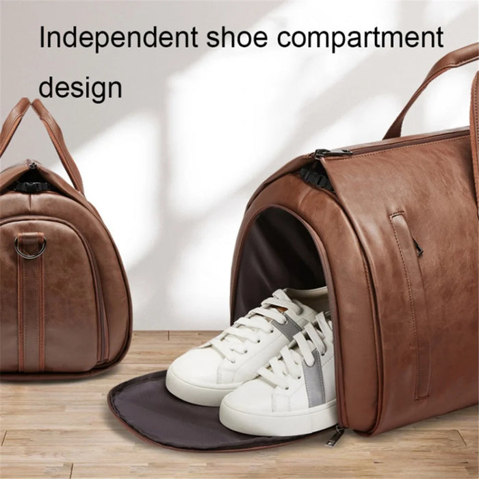 PU Leather Men Suit Storage Bag Large Capacity Waterproof Travel Luggage Tote Crossbody Bag - Brown - 4