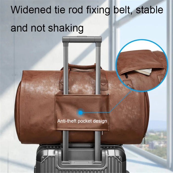 PU Leather Men Suit Storage Bag Large Capacity Waterproof Travel Luggage Tote Crossbody Bag - Brown - 5