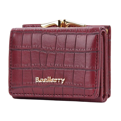 BAELLERRY N2398 Stone Texture PU Leather Tri-fold Short Wallet Women Coin Cash Card Holder Bag - Wine Red - 1
