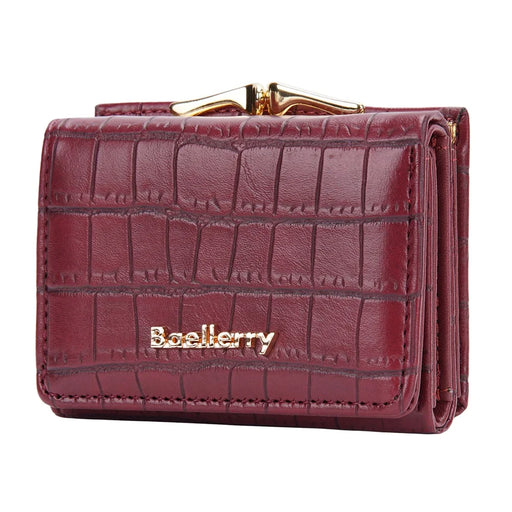 BAELLERRY N2398 Stone Texture PU Leather Tri-fold Short Wallet Women Coin Cash Card Holder Bag - Wine Red - 1