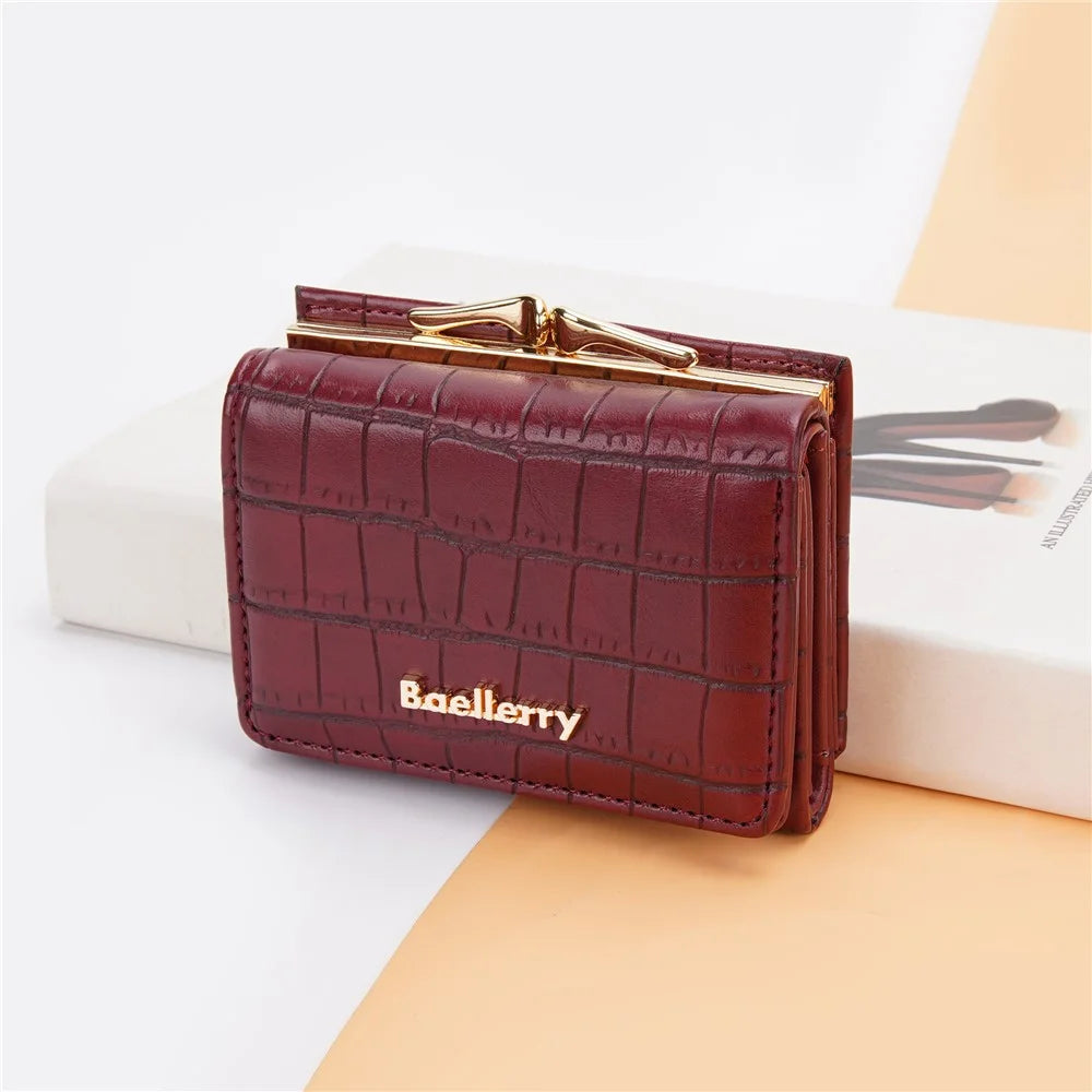 BAELLERRY N2398 Stone Texture PU Leather Tri-fold Short Wallet Women Coin Cash Card Holder Bag - Wine Red - 2