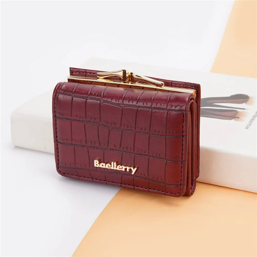 BAELLERRY N2398 Stone Texture PU Leather Tri-fold Short Wallet Women Coin Cash Card Holder Bag - Wine Red - 2