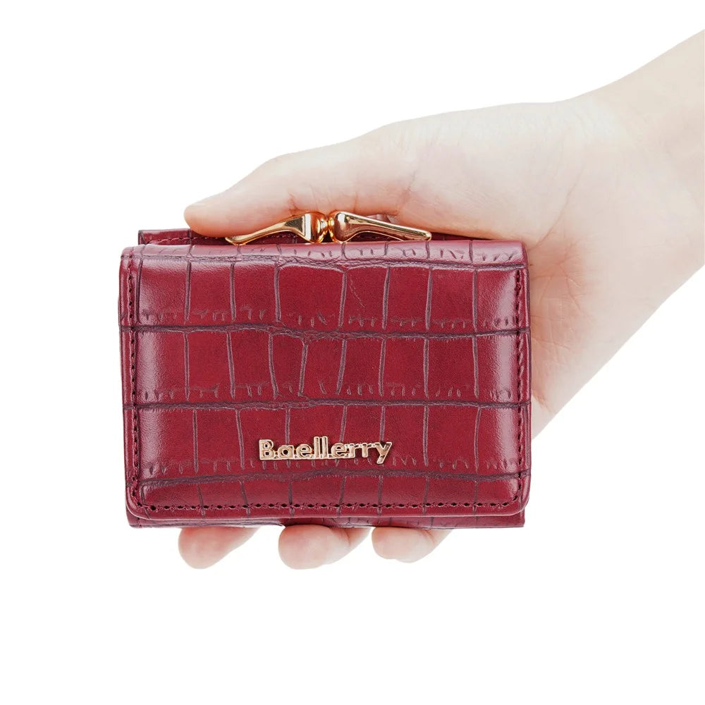 BAELLERRY N2398 Stone Texture PU Leather Tri-fold Short Wallet Women Coin Cash Card Holder Bag - Wine Red - 4