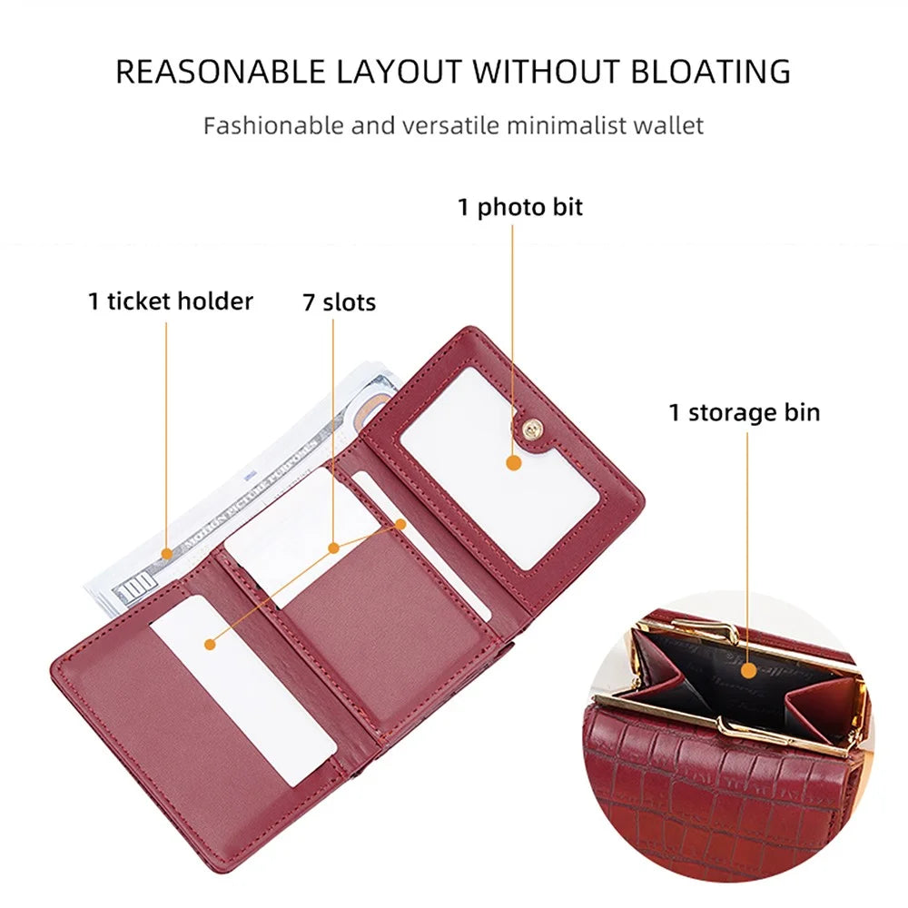 BAELLERRY N2398 Stone Texture PU Leather Tri-fold Short Wallet Women Coin Cash Card Holder Bag - Wine Red - 5