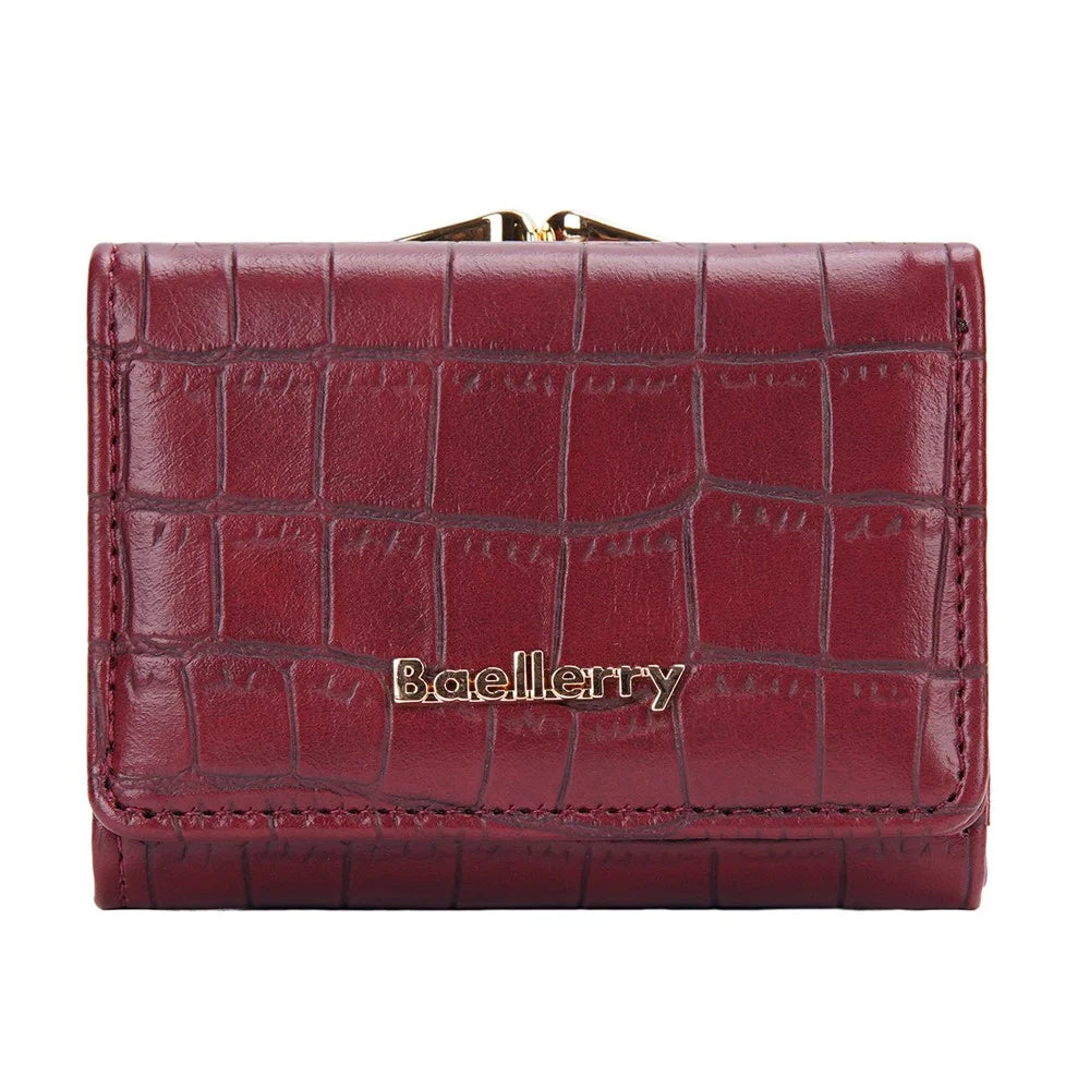 BAELLERRY N2398 Stone Texture PU Leather Tri-fold Short Wallet Women Coin Cash Card Holder Bag - Wine Red - 7