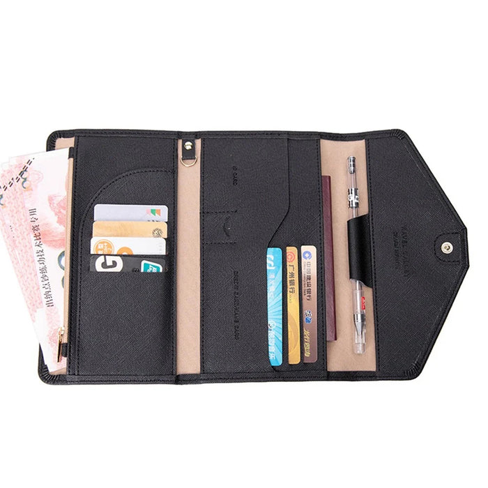 RFID Blocking Card Holder Wallet PU Leather Tri-Fold Travel Passport Bag Document Organizer - Black - 1