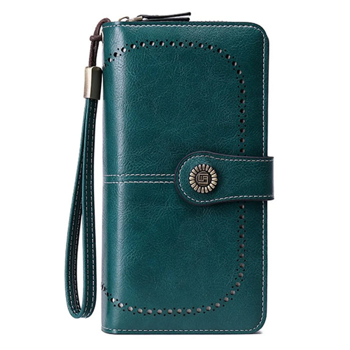 CHARM INFINITE Waxy PU Leather RFID Blocking Long Wallet Cellphone Purse with Wrist Strap - Peacock Blue - 1