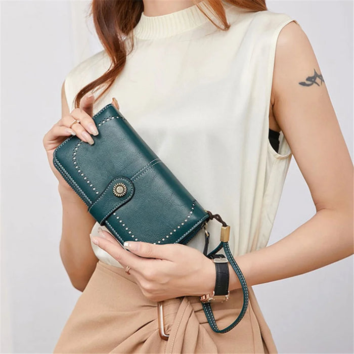CHARM INFINITE Waxy PU Leather RFID Blocking Long Wallet Cellphone Purse with Wrist Strap - Peacock Blue - 2