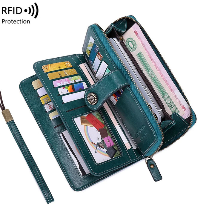 CHARM INFINITE Waxy PU Leather RFID Blocking Long Wallet Cellphone Purse with Wrist Strap - Peacock Blue - 3