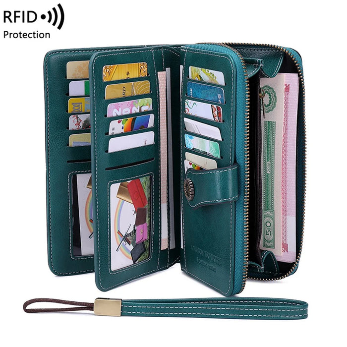 CHARM INFINITE Waxy PU Leather RFID Blocking Long Wallet Cellphone Purse with Wrist Strap - Peacock Blue - 4