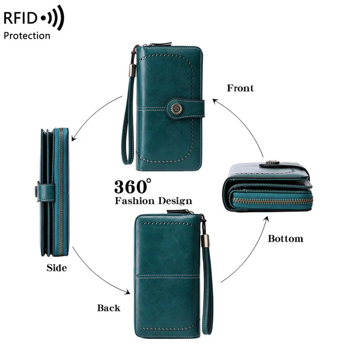 CHARM INFINITE Waxy PU Leather RFID Blocking Long Wallet Cellphone Purse with Wrist Strap - Peacock Blue - 6