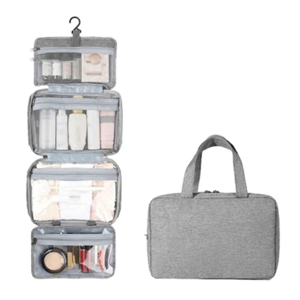 13552A Waterproof Linen Type Polyester+PVC Makeup Cosmetic Bag Travel Organizer Toiletry Bag with Hanging Hook - Grey - 1