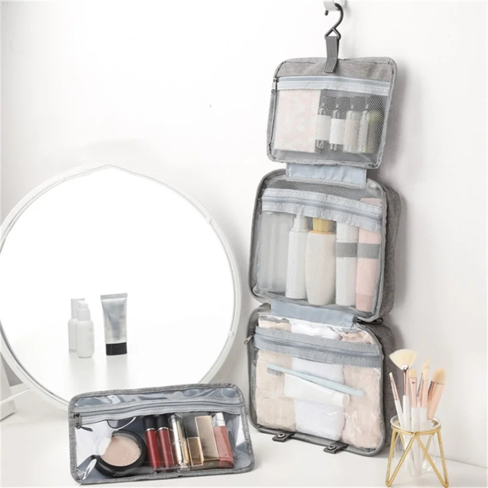 13552A Waterproof Linen Type Polyester+PVC Makeup Cosmetic Bag Travel Organizer Toiletry Bag with Hanging Hook - Grey - 2