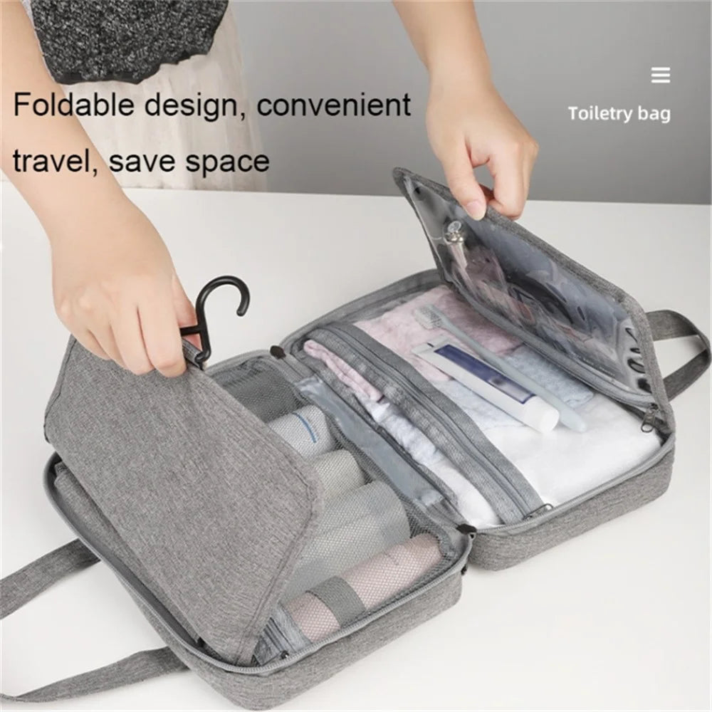 13552A Waterproof Linen Type Polyester+PVC Makeup Cosmetic Bag Travel Organizer Toiletry Bag with Hanging Hook - Grey - 3
