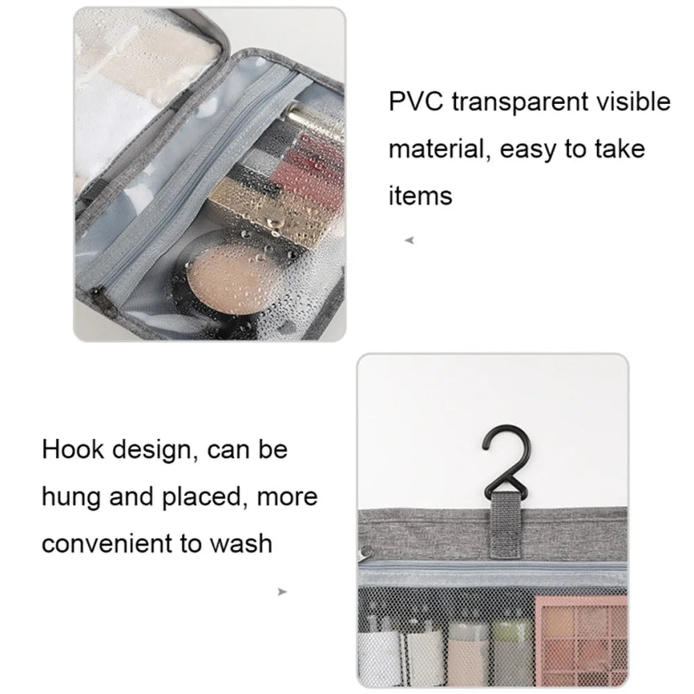 13552A Waterproof Linen Type Polyester+PVC Makeup Cosmetic Bag Travel Organizer Toiletry Bag with Hanging Hook - Grey - 6