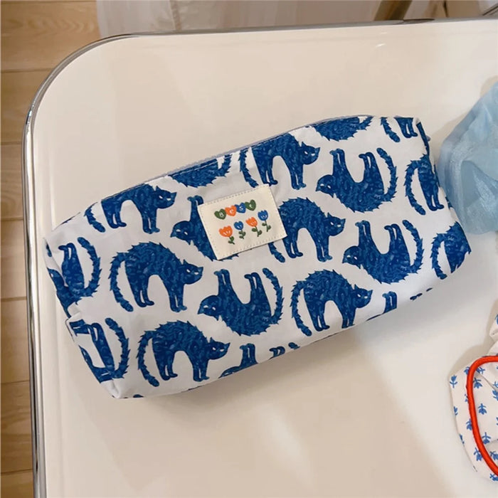 Coin Key Toiletries Storage Bag Pattern Cosmetic Organizer Cotton Cloth+Canvas Makeup Pouch - Blue Cat - 1
