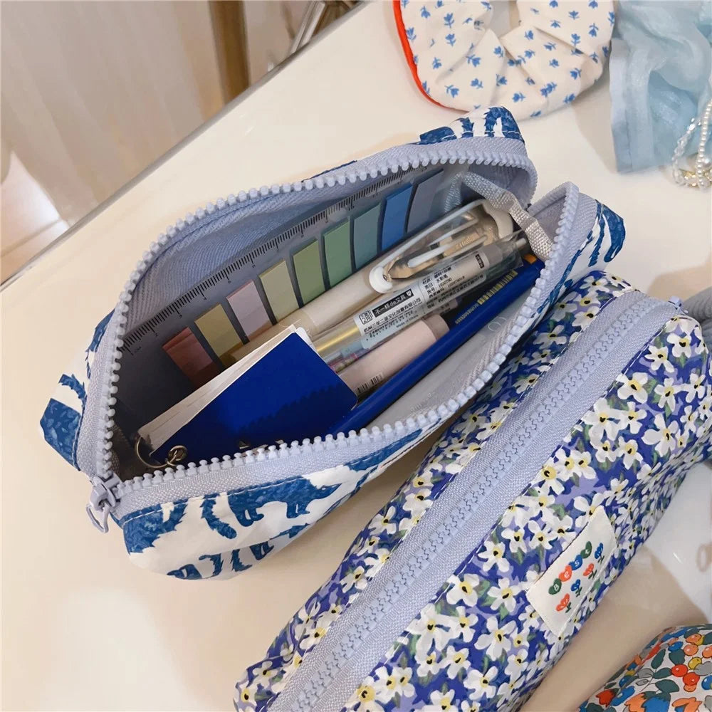 Coin Key Toiletries Storage Bag Pattern Cosmetic Organizer Cotton Cloth+Canvas Makeup Pouch - Blue Cat - 3