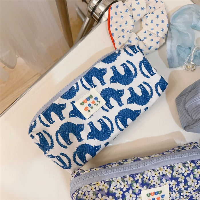 Coin Key Toiletries Storage Bag Pattern Cosmetic Organizer Cotton Cloth+Canvas Makeup Pouch - Blue Cat - 4