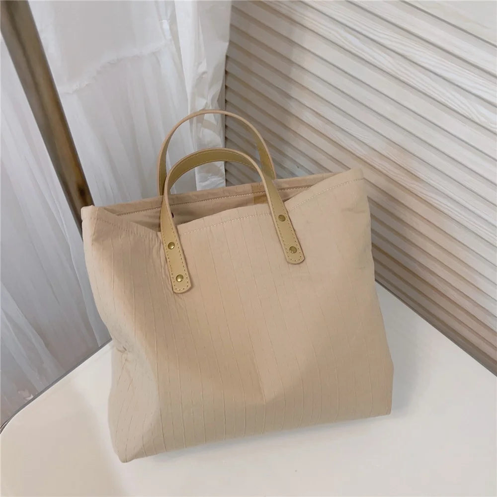 Simple Style Handbag Shopping Tote Bag Large Capacity Cotton+Spandex+PU Leather Travel Storage Hand Bag - Khaki - 2