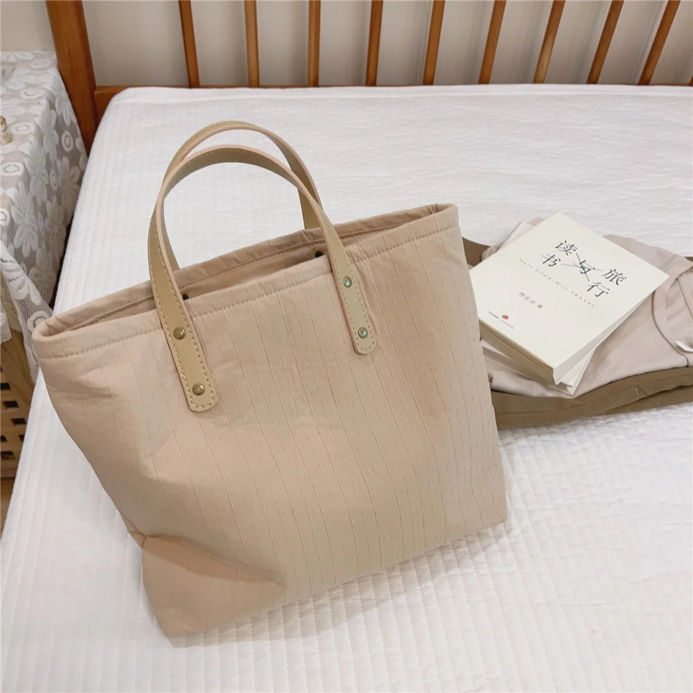 Simple Style Handbag Shopping Tote Bag Large Capacity Cotton+Spandex+PU Leather Travel Storage Hand Bag - Khaki - 3
