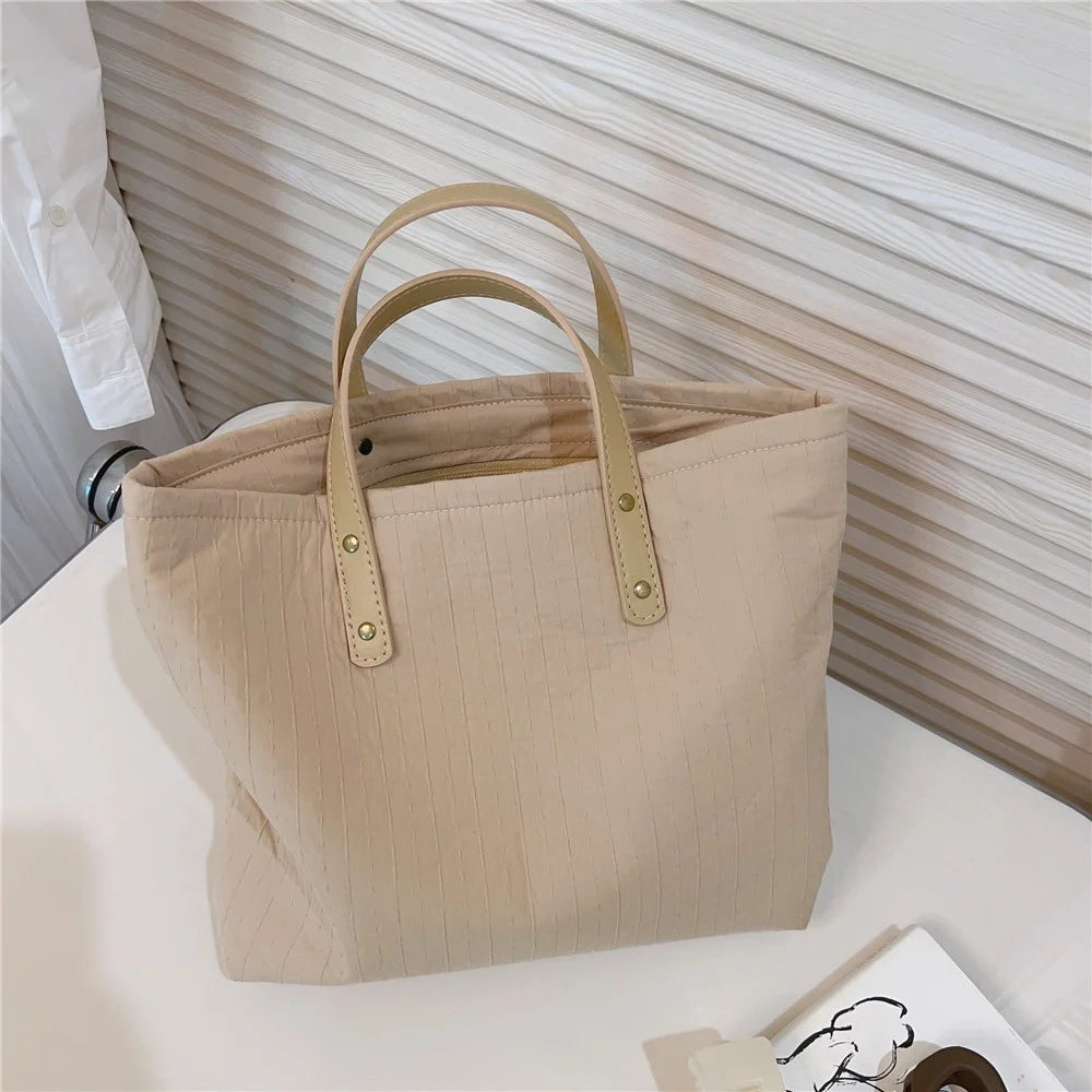 Simple Style Handbag Shopping Tote Bag Large Capacity Cotton+Spandex+PU Leather Travel Storage Hand Bag - Khaki - 4