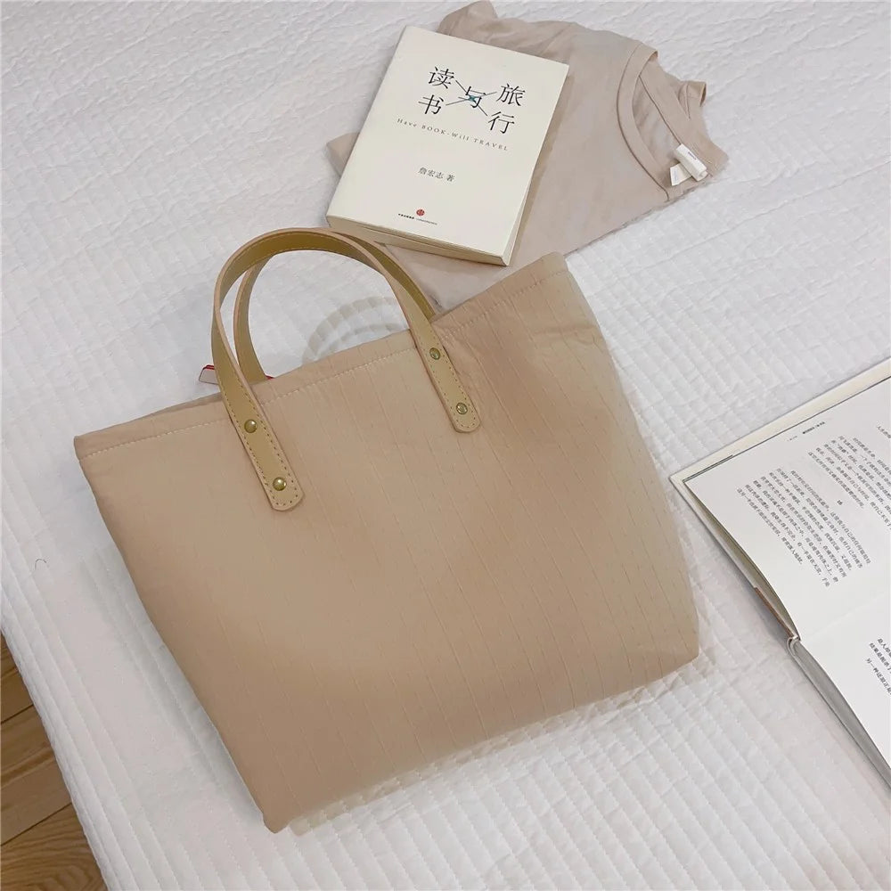 Simple Style Handbag Shopping Tote Bag Large Capacity Cotton+Spandex+PU Leather Travel Storage Hand Bag - Khaki - 5