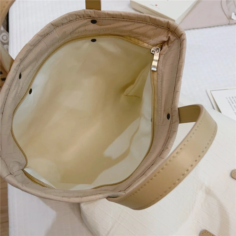Simple Style Handbag Shopping Tote Bag Large Capacity Cotton+Spandex+PU Leather Travel Storage Hand Bag - Khaki - 6
