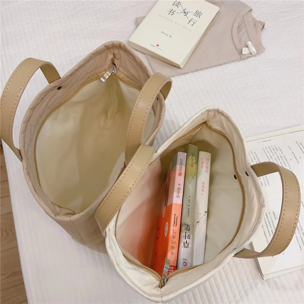 Simple Style Handbag Shopping Tote Bag Large Capacity Cotton+Spandex+PU Leather Travel Storage Hand Bag - Khaki - 7