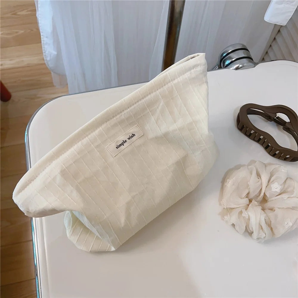 Stripe Texture Toiletries Storage Bag Pattern Cosmetic Organizer Cotton Cloth+Canvas Makeup Pouch for Coins Keys - Beige - 2