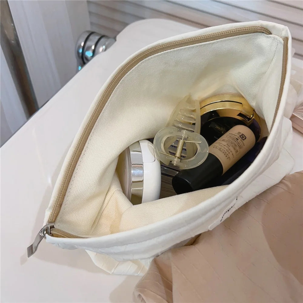 Stripe Texture Toiletries Storage Bag Pattern Cosmetic Organizer Cotton Cloth+Canvas Makeup Pouch for Coins Keys - Beige - 3