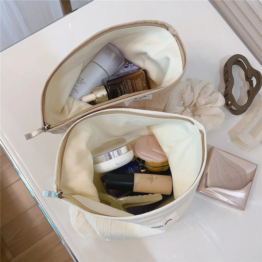 Stripe Texture Toiletries Storage Bag Pattern Cosmetic Organizer Cotton Cloth+Canvas Makeup Pouch for Coins Keys - Beige - 4