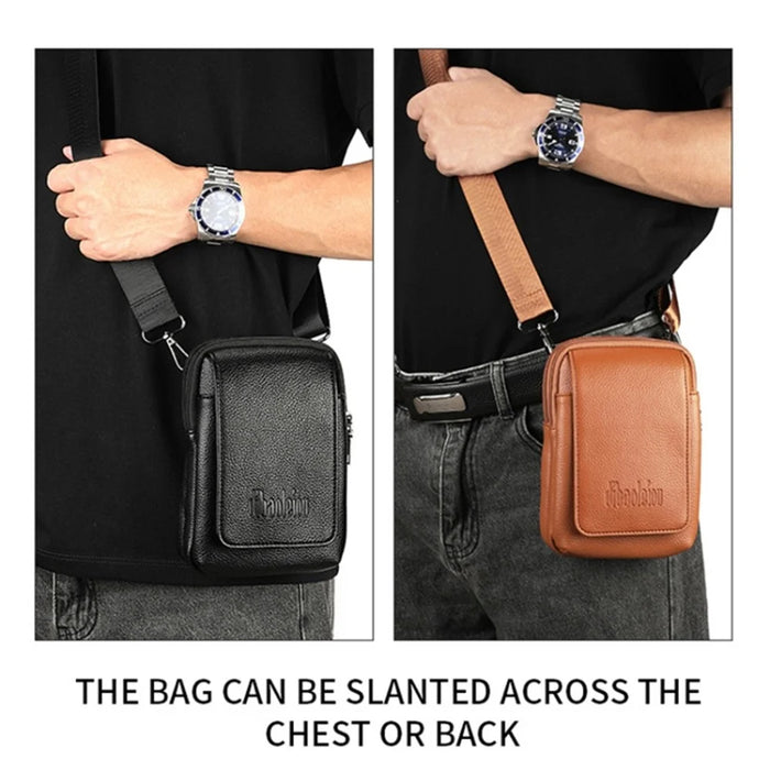 DEABOLAR PU Leather Belt Hanging Vertical Waist Bag Men Single Shoulder Crossbody Bag - Black - 5