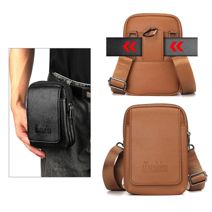 DEABOLAR PU Leather Belt Hanging Vertical Waist Bag Men Single Shoulder Crossbody Bag - Black - 6