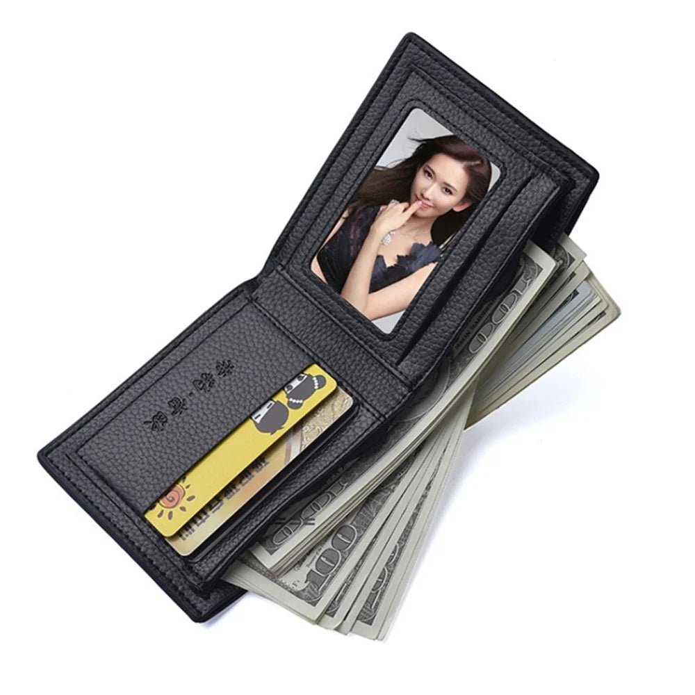 DEABOLAR Men Slim Short Wallet Bi-fold PU Leather Coin Storage Card Holder Bag - Black / Vertical - 2