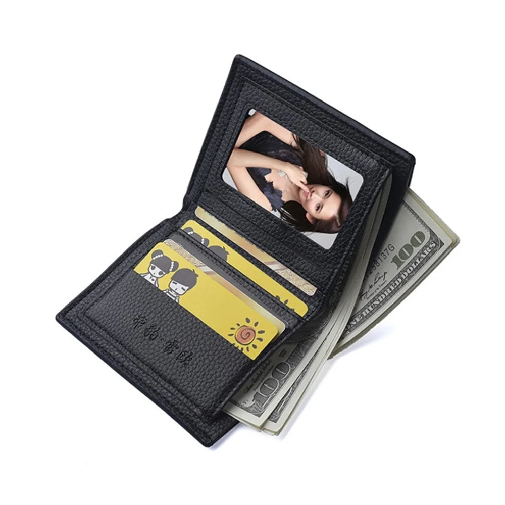 DEABOLAR Men Slim Short Wallet Bi-fold PU Leather Coin Storage Card Holder Bag - Black / Vertical - 3