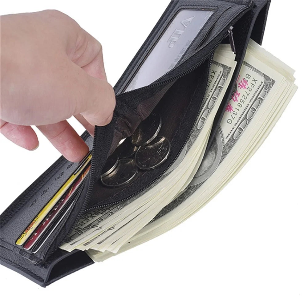 DEABOLAR Men Slim Short Wallet Bi-fold PU Leather Coin Storage Card Holder Bag - Black / Vertical - 4